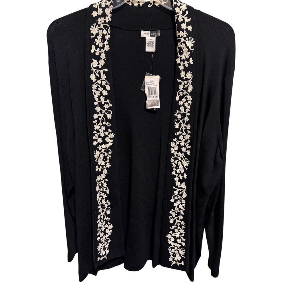 Dane Lewis Black Cardigan White Embroidered Floral Women's Plus Size 3X